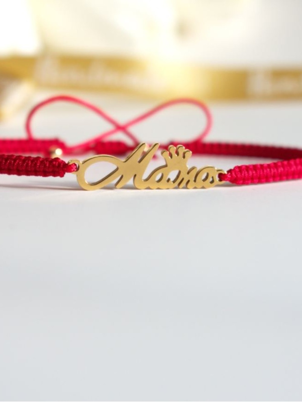 Gold Nameplate 'Mama' Bracelet with Red Macrame Cord